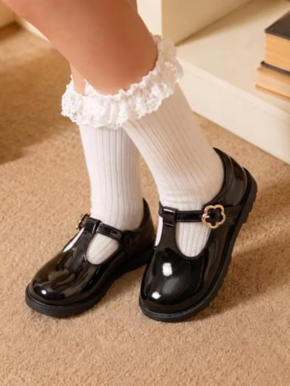Toddler Girls Mary Jane Flats Adjustable Hook and Loop T-Strap Dress Shoes